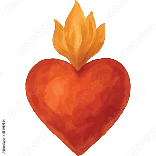 A bold red sacred heart with golden flames, representing passion and faith, ideal for spiritual art and religious design elements