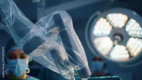 Robotic Surgery Arm Close-Up: Precision Movements in Sterile Operating Room Setting