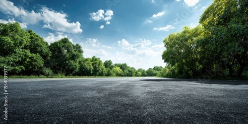 Fototapeta Naklejka Na Ścianę i Meble -  Asphalt road flanked by lush green trees under a bright blue sky with fluffy clouds