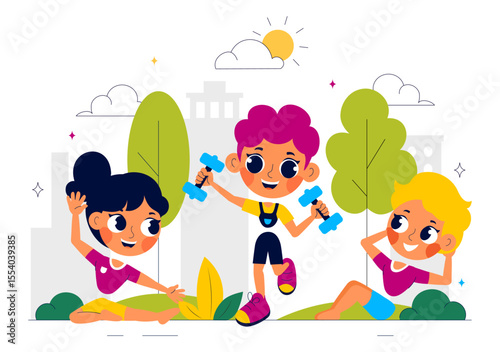 Kids Exercise Vector Illustration Featuring Various Types of Healthy Exercise Movements to Maintain Health and Fitness in a Flat Style Background
