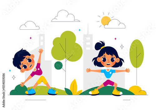 Kids Exercise Vector Illustration Featuring Various Types of Healthy Exercise Movements to Maintain Health and Fitness in a Flat Style Background