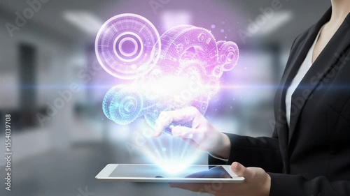 Woman's hands on tablet, futuristic gears, office background, technology concept