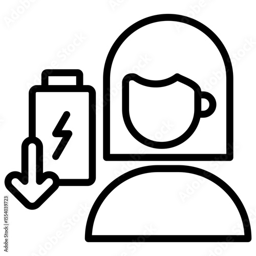 This icon effectively communicates a tired body condition or the need for energy recharging with a decreasing battery indicator.
