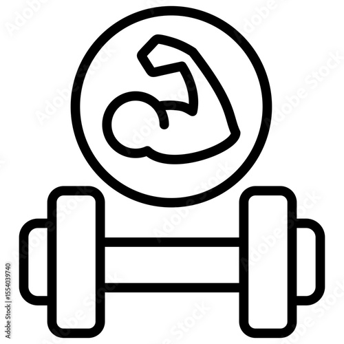 Line icon with barbell and muscular arms showing the concept of physical strength, weightlifting and fitness to burn calories.