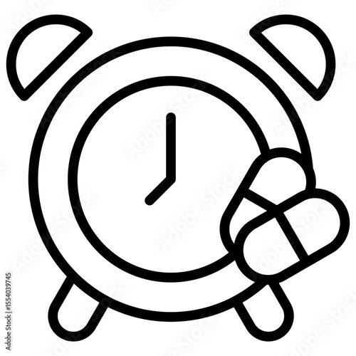 Line icon of a clock and a medicine capsule shows the concept of conveying messages regarding time, schedule, and intervals in taking medicine.