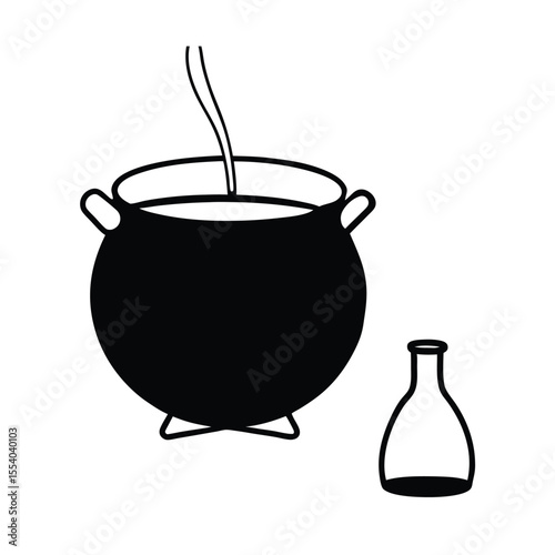 Mystical cauldron pouring glowing green liquid into an antique glass bottle isolated on a clean white background representing alchemy or magic potions