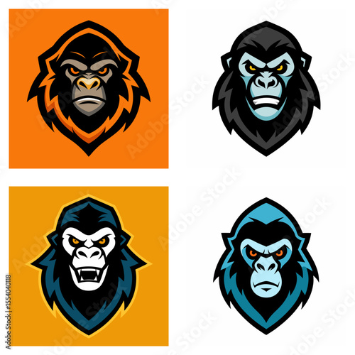 Four gorilla head illustrations in different color schemes with a fierce and intimidating expression