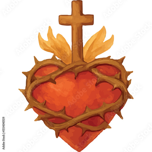 A vivid red sacred heart with thorns and a golden cross, symbolizing sacrifice and faith, perfect for religious art and spiritual design works
