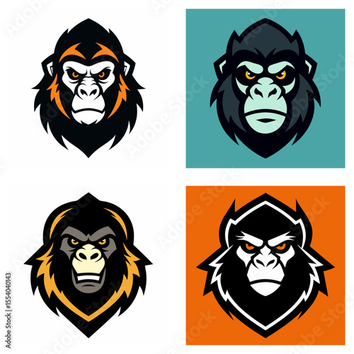 Four gorilla head designs with varied color schemes and stylistic approaches in a square format layout