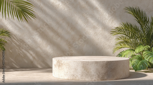 Minimalist round white stone podium with tropical green leaves on transparent background

