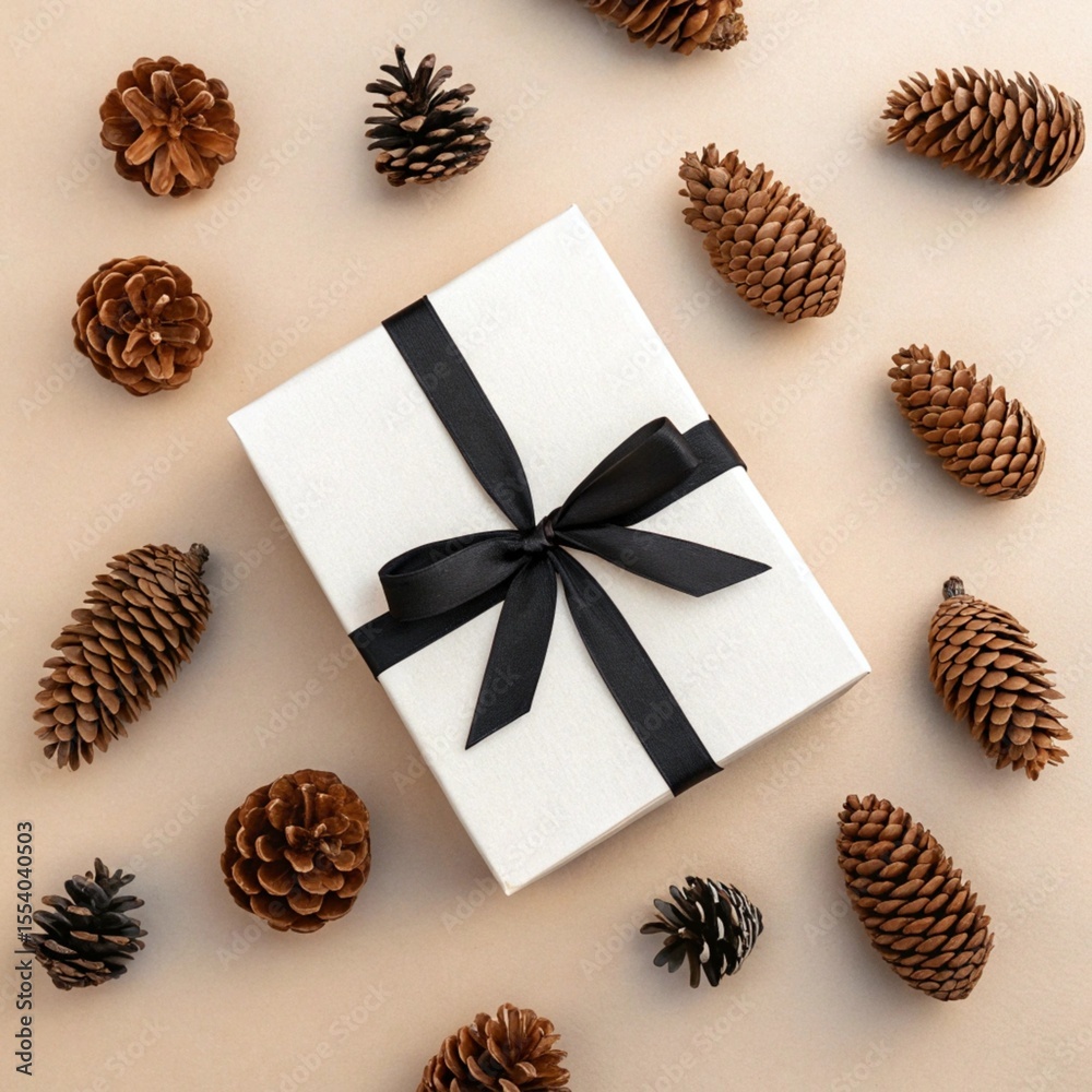 Obraz premium Minimalist Christmas Flatlay: White Gift Box with Black Ribbon and Pine Cones