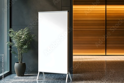 Business Seminar Room Entrance with Mock-Up Sign Stand for Professional Event Wayfinding