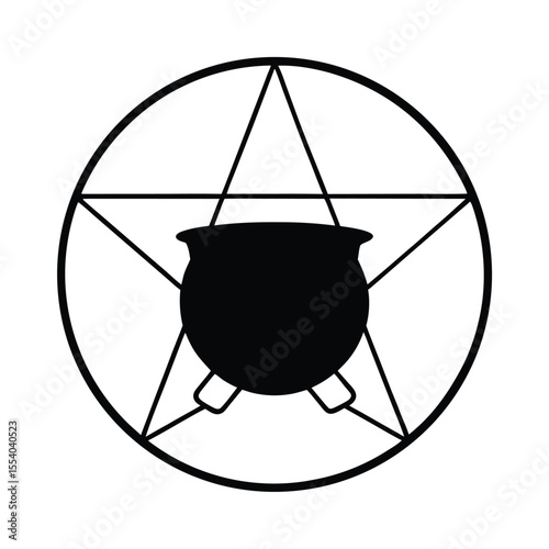 Mystical cauldron with a glowing pentagram symbol representing magic witchcraft and occult rituals on a clean white background