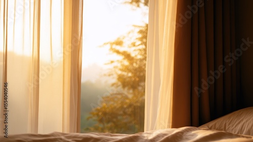 Serene morning light filtering through sheer curtains in a cozy bedroom with a peaceful view