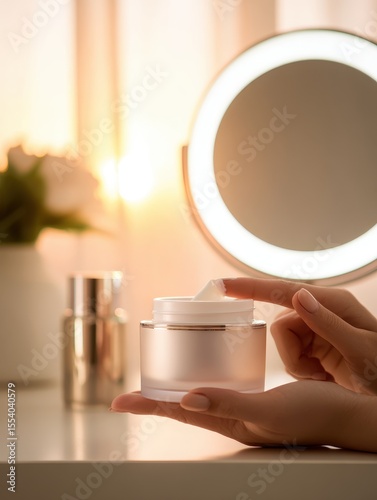 A person applying cream from a jar while illuminated by soft sunset light in a serene setting