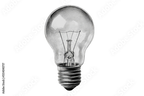 Detailed grayscale pencil sketch of a classic incandescent light bulb, showcasing its filament and base