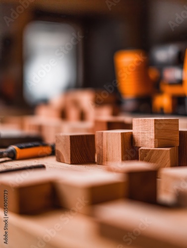 Close-up of wooden blocks and tools in a workshop, showcasing craftsmanship and creativity