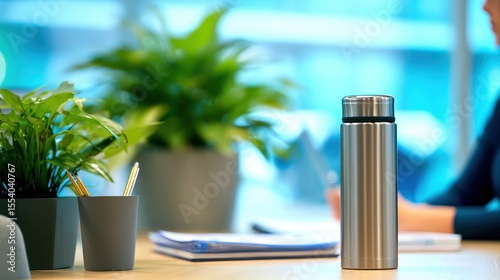 Stainless steel thermos on a desk surrounded by greenery and a person working in the background