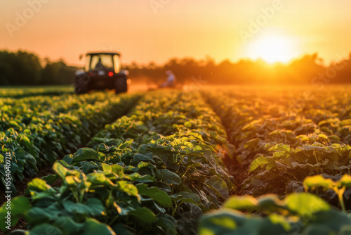 Vast potato farm illuminated by golden hour sunlight featuring rows of lush green potato plants and a tractor in the foreground. Concept of agriculture, farming lifestyle and rural sustainability.