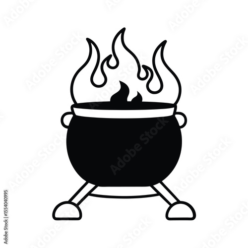 Illustration of a medieval cauldron bubbling with vibrant orange and red flames resting on a rustic pile of firewood presented on a clean white background for versatile design use