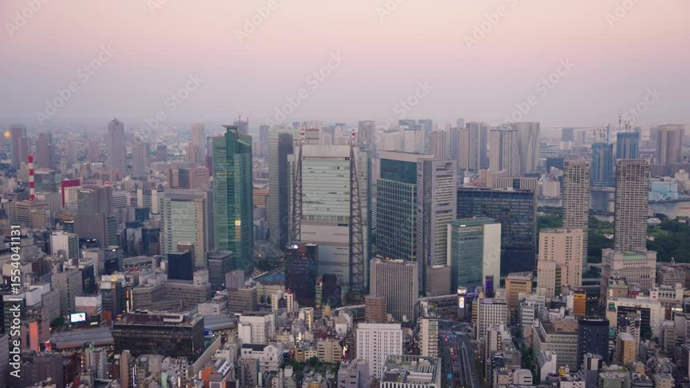 Sunset over Tokyo Skyline, High Rooftop Point of View of Minato and Bay, Japan