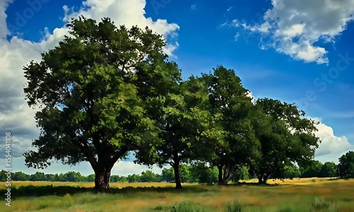 Lush green trees stand tall in a vibrant field under a bright blue sky with scattered clouds