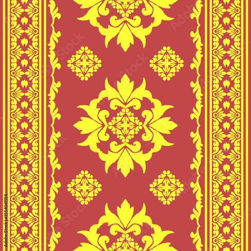 Gold ikat design seamless pattern on a red background. Damask pattern. Ideas for elaborate borders, wallpaper, wrapping, and textiles. Vintage style. Victorian style. Baroque style.