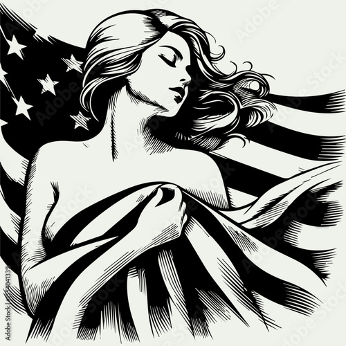 Serene woman draped in an American flag, eyes closed, peaceful expression.