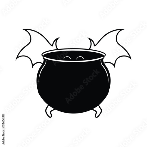Mystical cauldron with dark bat wings emerging symbolizing magic halloween and fantasy themes on a clean white background