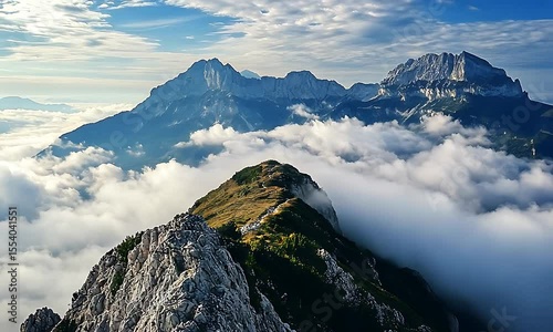 Majestic mountain landscape with rocky peaks rising above a sea of clouds under a blue sky