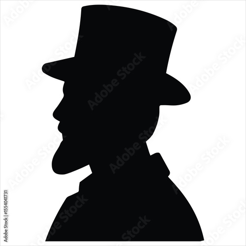 Black silhouette of Victorian gentleman in top hat, side profile of vintage man in formal attire, simple vector illustration