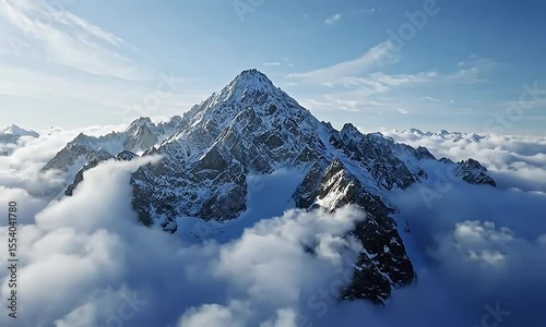 Majestic snow-capped mountain peak towering above a sea of clouds under a clear blue sky