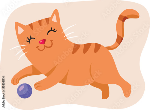 Happy Cat playing with a Toy Vector Cartoon Character. Pet is playing nicely with a ball and having fun alone
