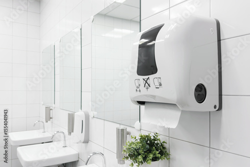 White colour ceramic tiles toilet hand wash area. White colour theme toilet interior. Cleanliness concept. Clean toilet concept.