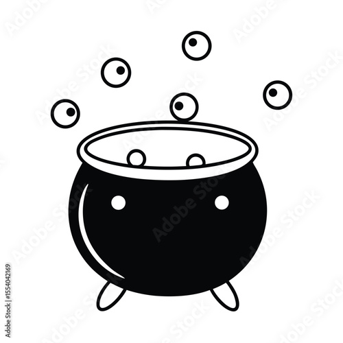 Whimsical cartoon cauldron filled with glowing watchful eyeballs floating in a mystical liquid on a clean white background