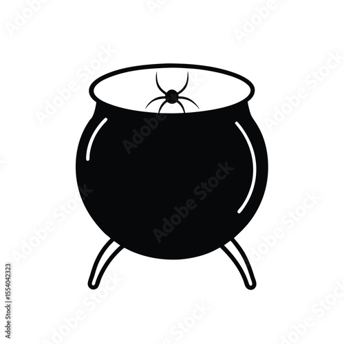 Mysterious black spider emerging from a bubbling cauldron with a magical glow on a clean white background perfect for halloween or fantasy themes