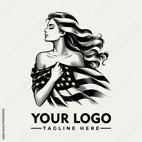 Elegant woman draped in an American flag, profile view, monochrome illustration, patriotic logo design.
