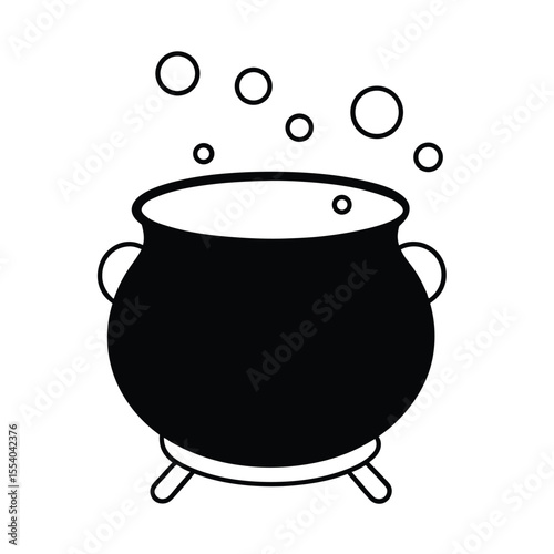 A classic bubbling cauldron illustration with magical green potion and steam set against a clean white background for easy integration