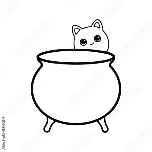 Whimsical illustration of a black cat with bright eyes curiously peeking over the edge of a bubbling cauldron on a clean white background
