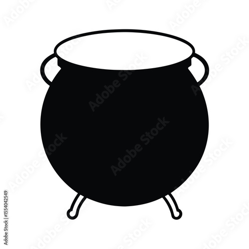Detailed illustration of a large rustic iron cauldron with prominent handles presented cleanly on a plain white background for versatile design applications