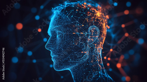 A woman's face is shown in a blue and white color scheme. The image is a representation of a computer-generated face, which is a common theme in modern technology and art