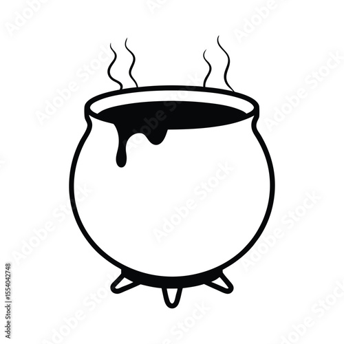 An old cracked cauldron with a vibrant colorful potion leaking out onto a clean white background perfect for fantasy or halloween themes