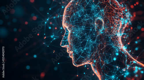A woman's face is shown in a blue and white color scheme. The image is a representation of a computer-generated face, which is a common theme in modern technology and art