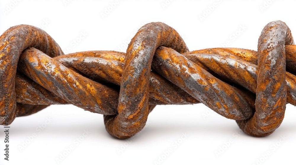 Fototapeta premium Rusty Metal Chain Close Up Interwoven Texture and Corrosion Against White