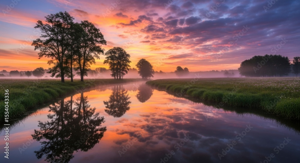 Obraz premium Majestic River at Sunrise with Vivid Sky Reflections and Mist