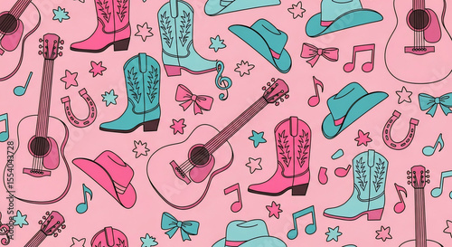 Seamless country western pattern featuring pink and teal cowboy boots, hats, guitars, musical notes, bows, and stars on a pink background. Ideal for textiles, digital paper, or event invitations