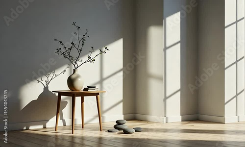 Minimalist interior scene featuring a vase with branches on a wooden table casting shadows