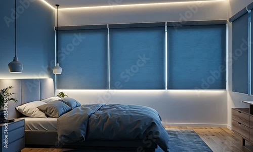 Modern bedroom interior with blue shades, cozy bed, and stylish decor, featuring soft lighting