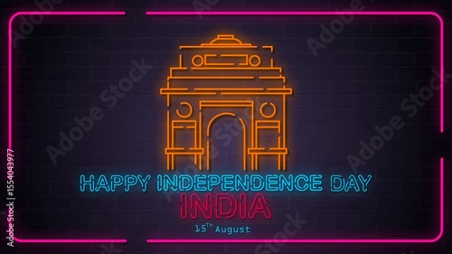 Looping 4K vertical animation of glowing neon India Gate with “Happy Independence Day India 15th August” on a dark brick wall. Bright, modern tribute to India's national pride.