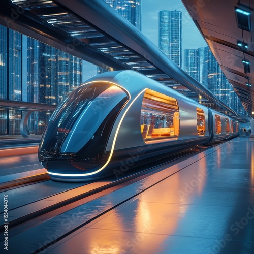 Futuristic Cityscape, High-Speed Train at Night